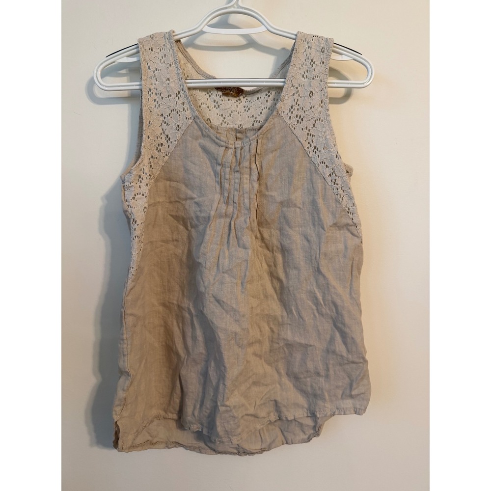 Carla Conti Italy Linen Lace Tank Top Beige Crochet Sleeveless Blouse Medium